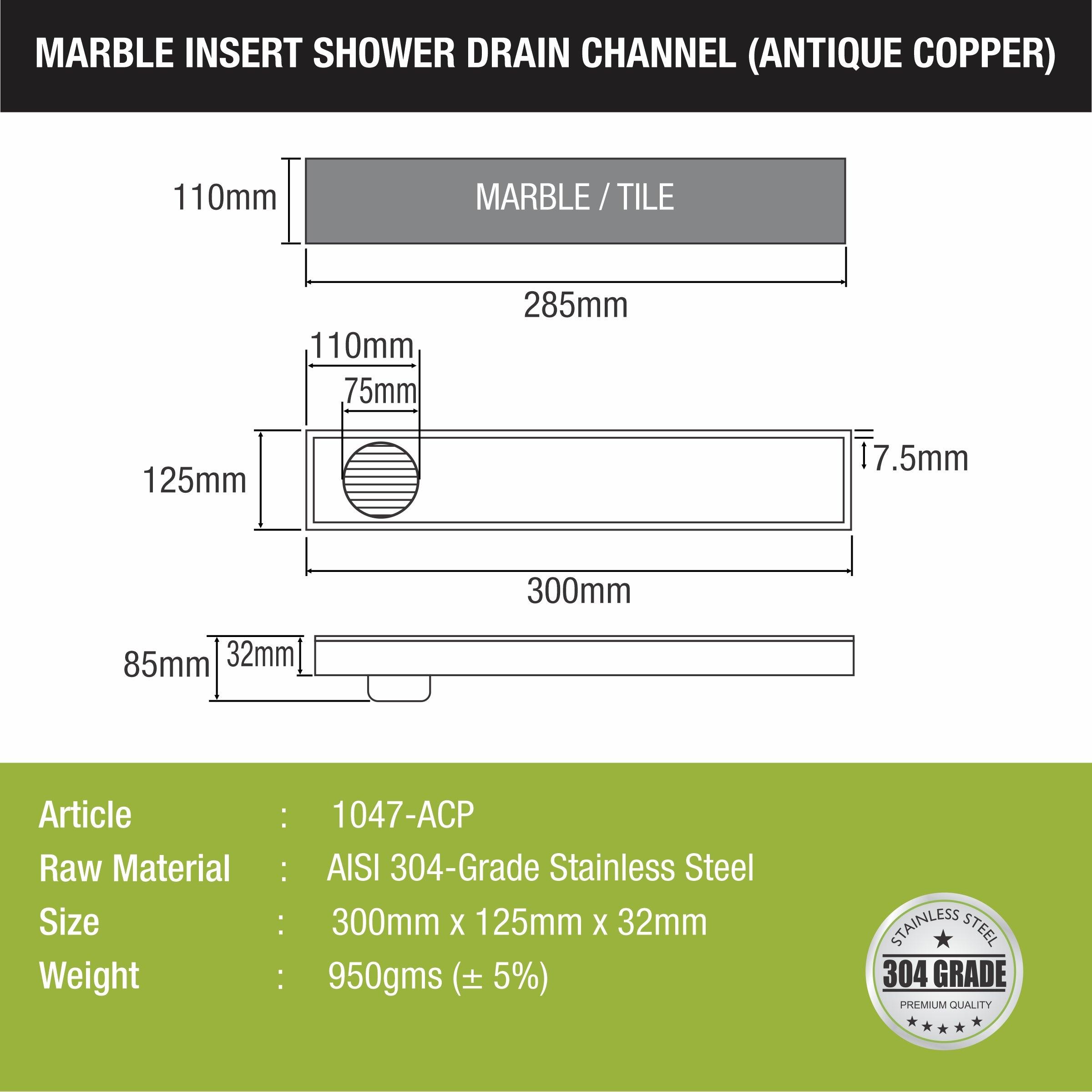 Marble Insert Shower Drain Channel - Antique Copper (12 x 5 Inches) sizes and dimensions