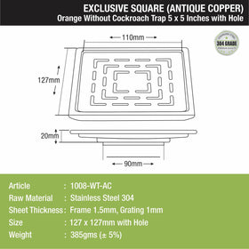 Orange Exclusive Square Floor Drain in Antique Copper PVD Coating (5 x 5 Inches) with Hole - LIPKA - Lipka Home