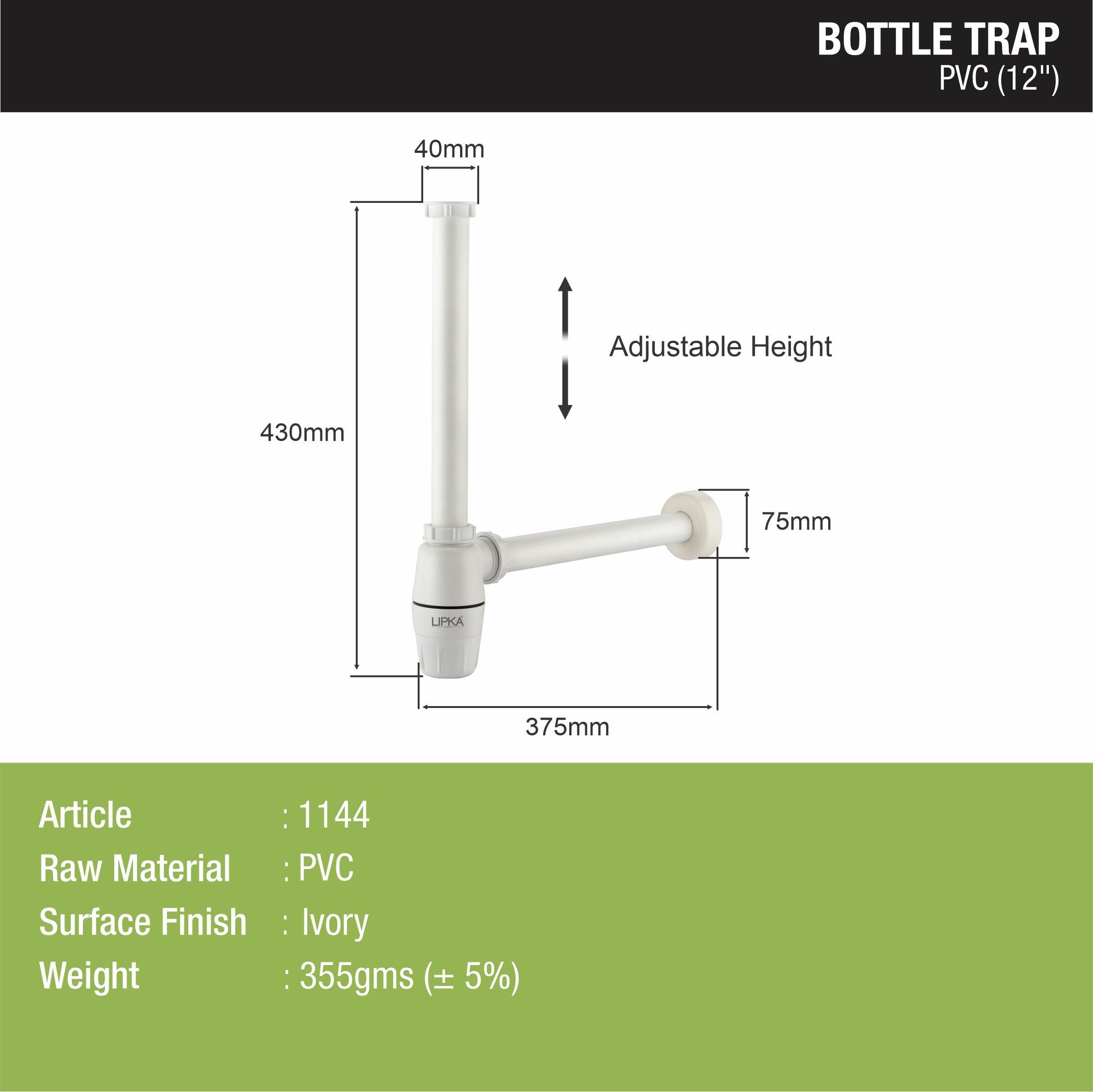 PVC Bottle Trap (12 Inches) sizes and dimensions