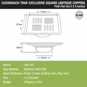 Pink Exclusive Square Flat Cut Floor Drain in Antique Copper PVD Coating (5 x 5 Inches) with Cockroach Trap - LIPKA - Lipka Home