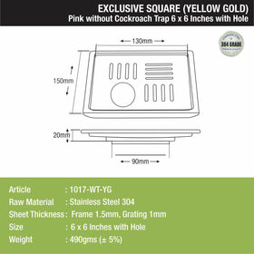 Pink Exclusive Square Floor Drain in Yellow Gold PVD Coating (6 x 6 Inches) with Hole - LIPKA - Lipka Home