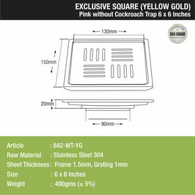 Pink Exclusive Square Floor Drain in Yellow Gold PVD Coating (6 x 6 Inches) - LIPKA - Lipka Home