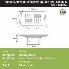 Pink Exclusive Square Floor Drain in Yellow Gold PVD Coating (6 x 6 Inches) with Cockroach Trap - LIPKA - Lipka Home