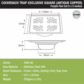 Purple Exclusive Square Flat Cut Floor Drain in Antique Copper PVD Coating (5 x 5 Inches) with Cockroach Trap - LIPKA - Lipka Home
