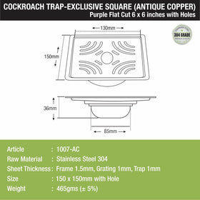 Purple Exclusive Square Flat Cut Floor Drain in Antique Copper PVD Coating (6 x 6 Inches) with Hole & Cockroach Trap - LIPKA - Lipka Home
