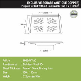 Purple Exclusive Square Flat Cut Floor Drain in Antique Copper PVD Coating (6 x 6 Inches) - LIPKA - Lipka Home