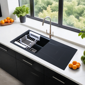 Black Quartz Single Bowl with Drainboard Kitchen Sink (36 x 18 x 9 Inches) - LIPKA - Lipka Home