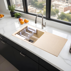 Sand Choco Quartz Single Bowl with Drainboard Kitchen Sink (36 x 18 x 9 Inches) - LIPKA - Lipka Home