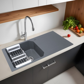Smokey Grey Quartz Single Bowl with Drainboard Kitchen Sink (39 x 20 x 9 Inches) - LIPKA - Lipka Home