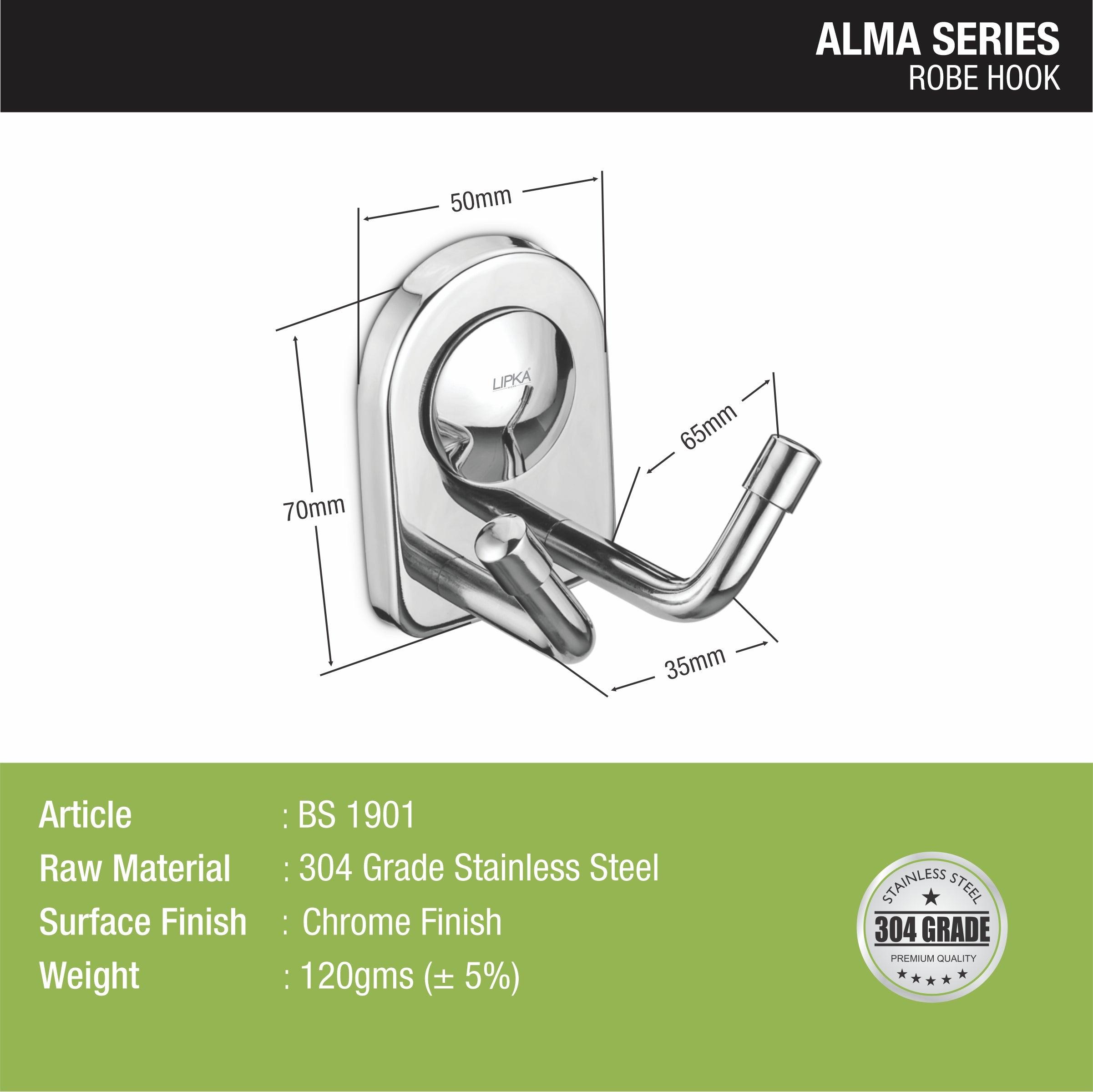 Alma Robe Hook (304-SS) size and measurement