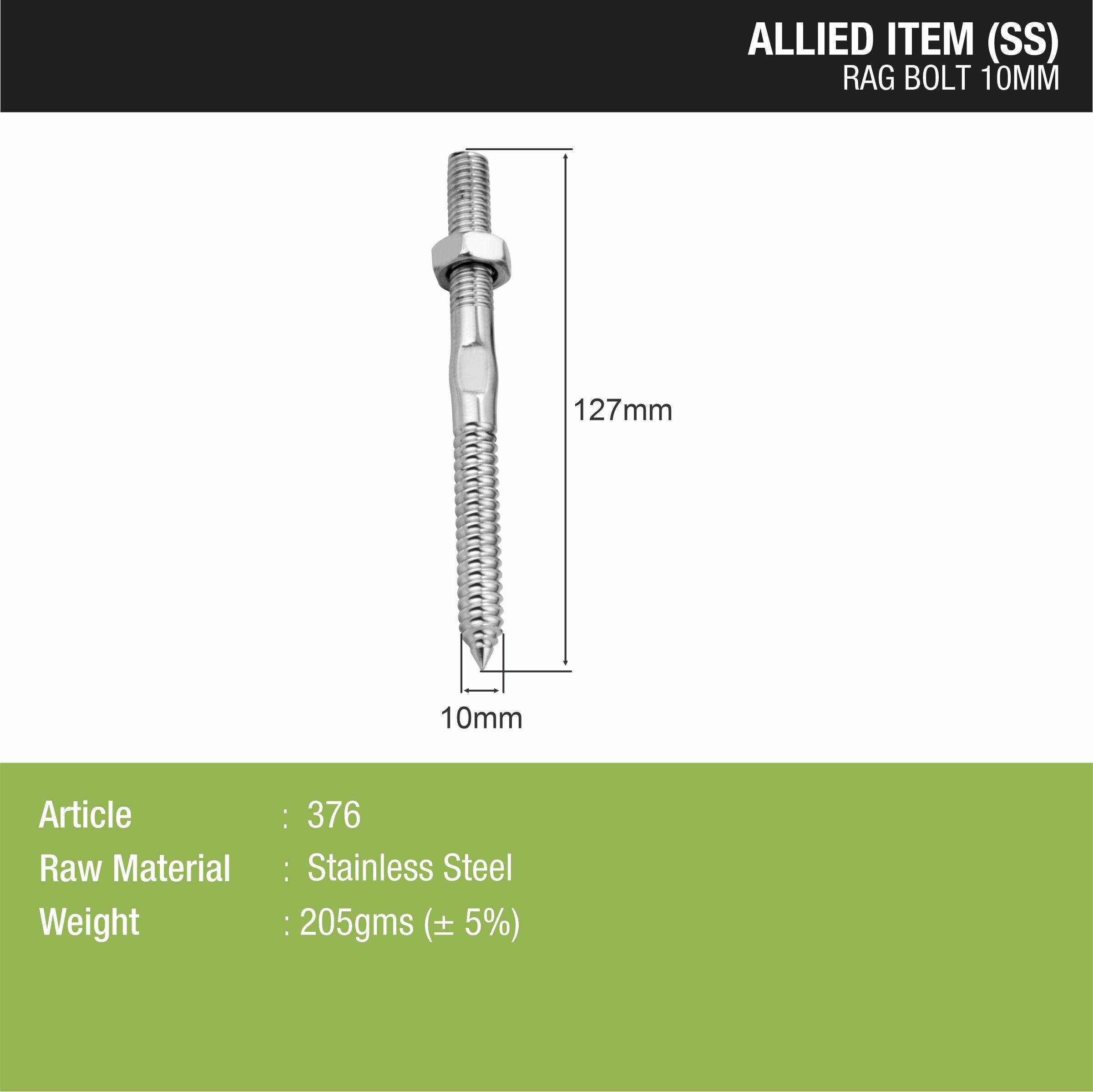 Rag Bolt Stainless Steel (10mm) sizes and dimensions