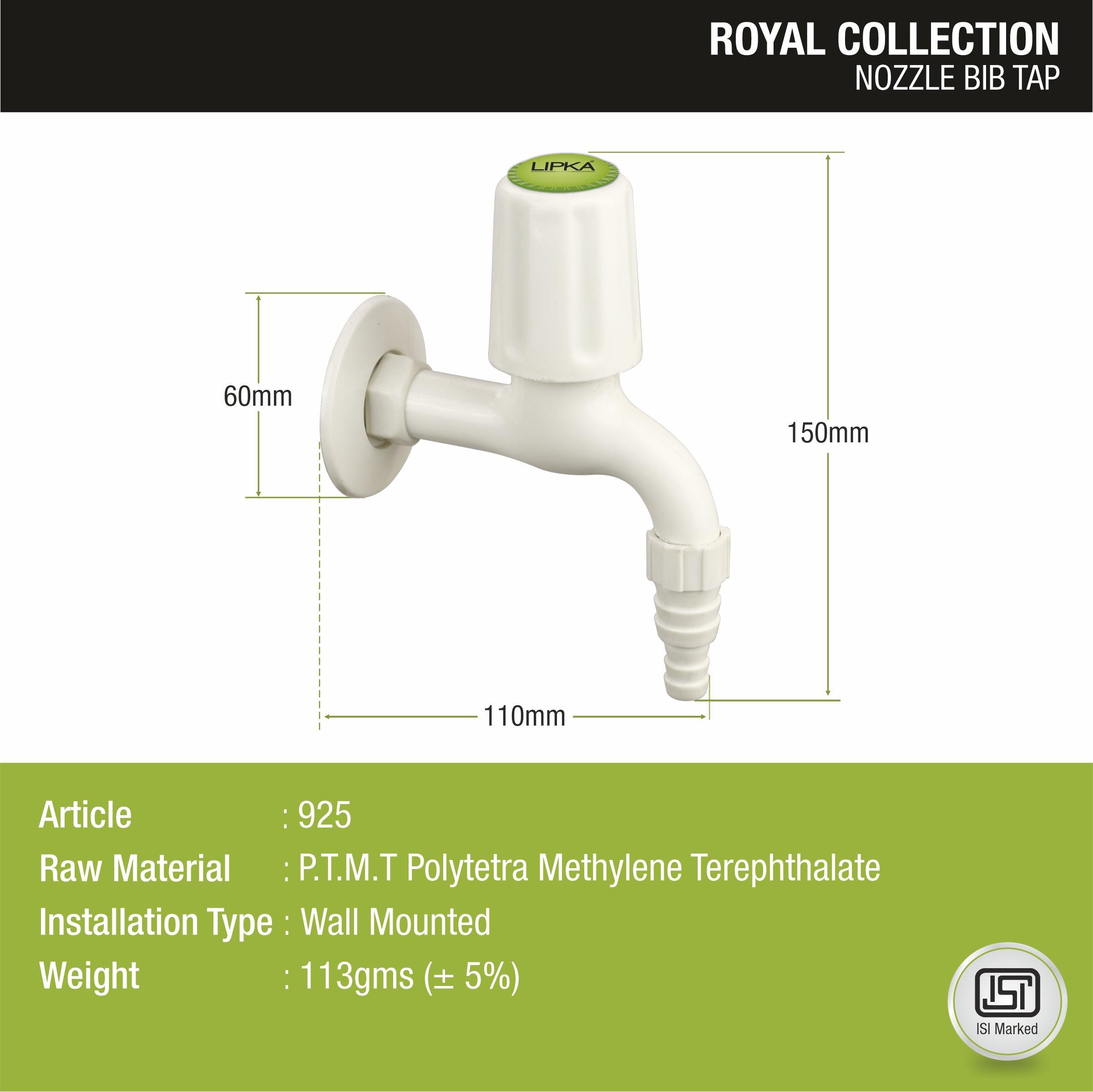 Royal Nozzle Bib Tap PTMT Faucet sizes and dimensions