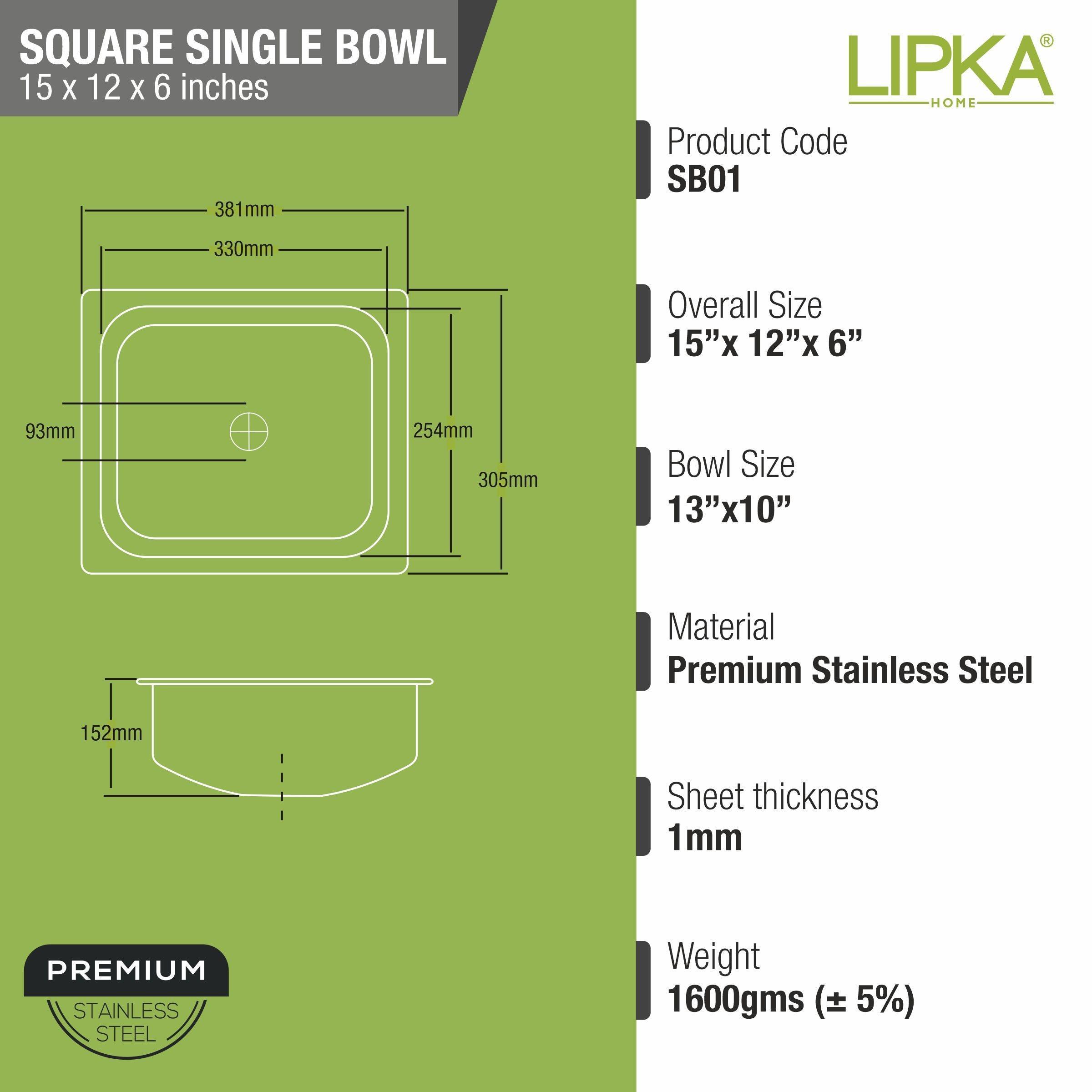 Square Single Bowl 304-Grade Kitchen Sink (15 x 12 x 6 Inches) - LIPKA - Lipka Home