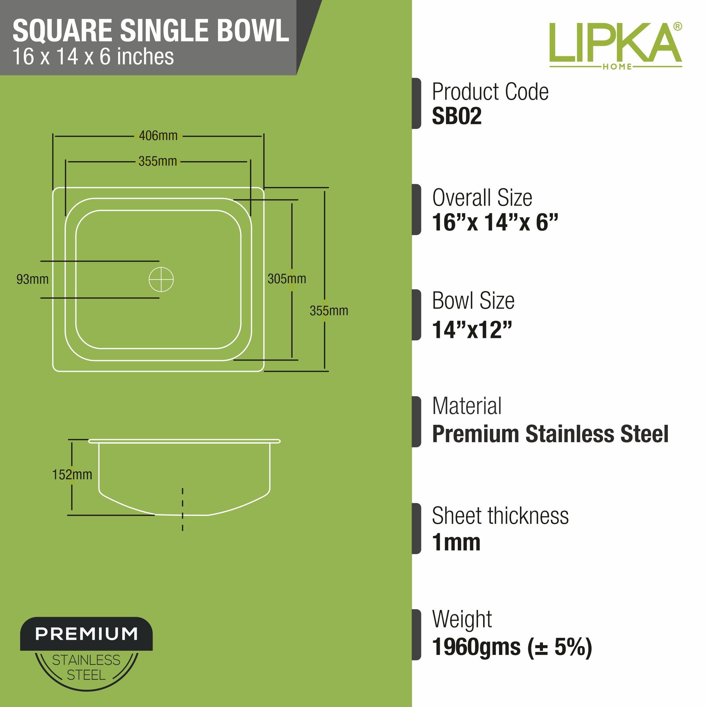 Square Single Bowl Kitchen Sink (16 x 14 x 6 Inches) - LIPKA - Lipka Home