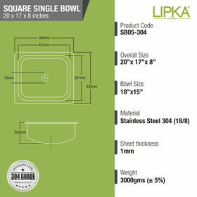 Square Single Bowl 304-Grade Kitchen Sink (20 x 17 x 8 Inches) - LIPKA - Lipka Home