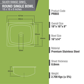 Silver Range Round Single Bowl Kitchen Sink (18 x 16 x 8 Inches) - LIPKA - Lipka Home