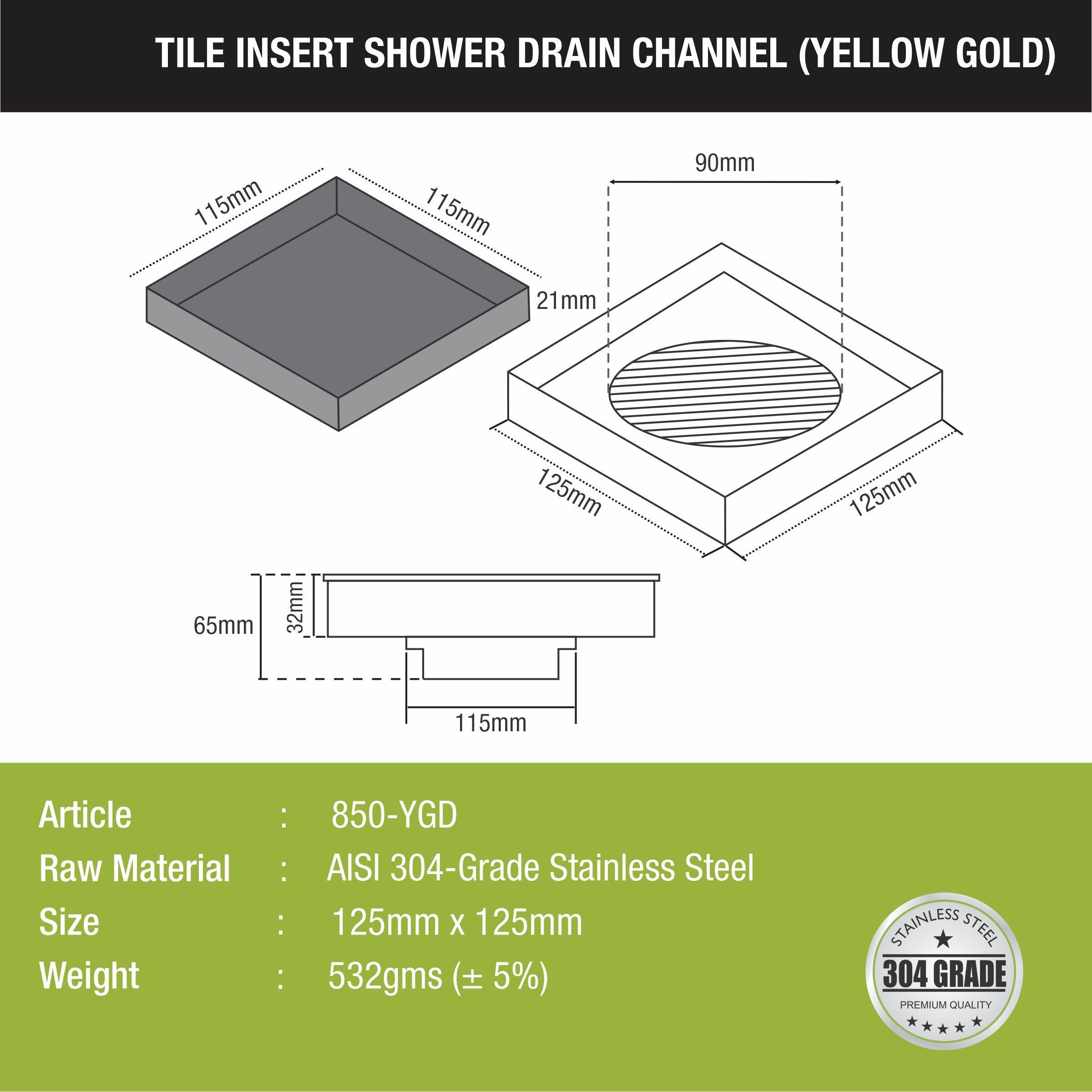 Tile Insert Square Floor Drain - Yellow Gold (5 x 5 Inches) sizes and dimensions