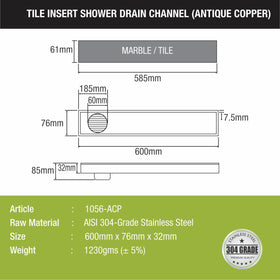 Tile Insert Shower Drain Channel - Antique Copper (24 x 3 Inches) - LIPKA - Lipka Home