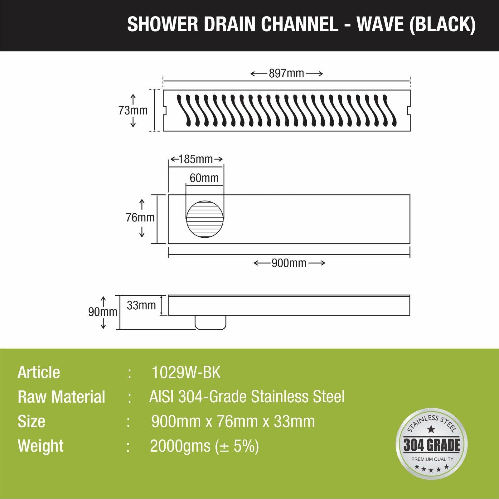 Wave Shower Drain Channel - Black (36 x 3 Inches) size and measurement