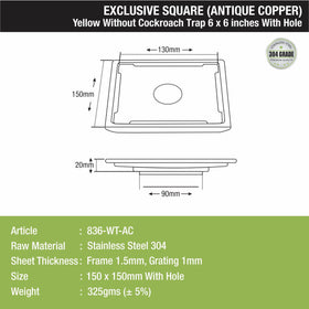 Yellow Exclusive Square Floor Drain in Antique Copper PVD Coating (6 x 6 Inches) with Hole - LIPKA - Lipka Home