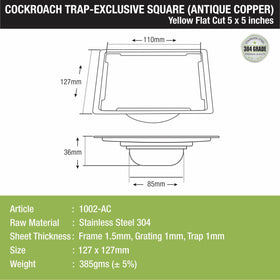Yellow Exclusive Square Flat Cut Floor Drain in Antique Copper PVD Coating (5 x 5 Inches) with Cockroach Trap - LIPKA - Lipka Home