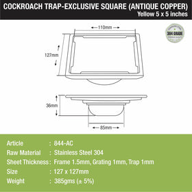 Yellow Exclusive Square Floor Drain in Antique Copper PVD Coating (5 x 5 Inches) with Cockroach Trap - LIPKA - Lipka Home