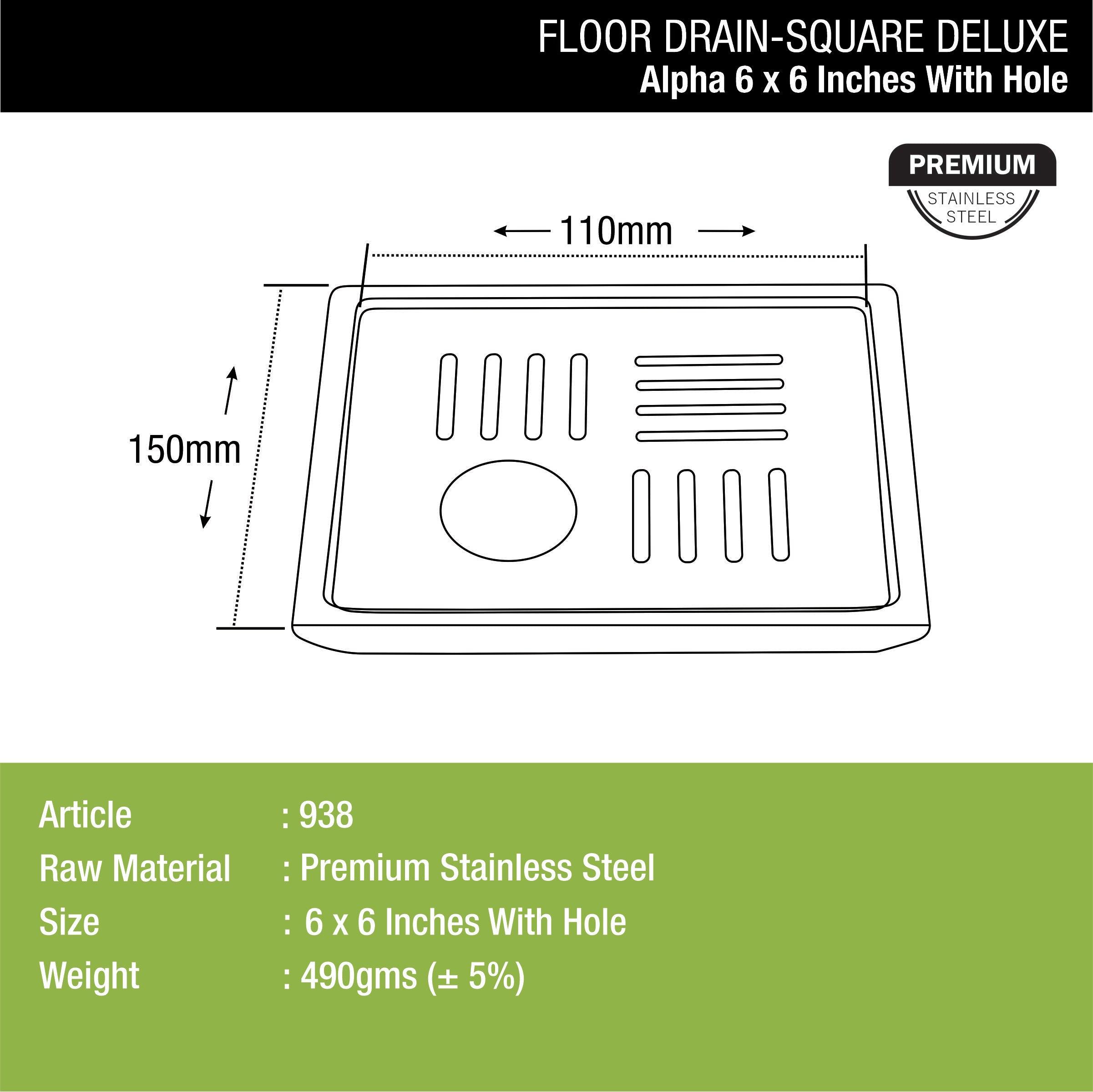 Alpha Deluxe Square Floor Drain (6 x 6 Inches) with Hole dimensions and sizes