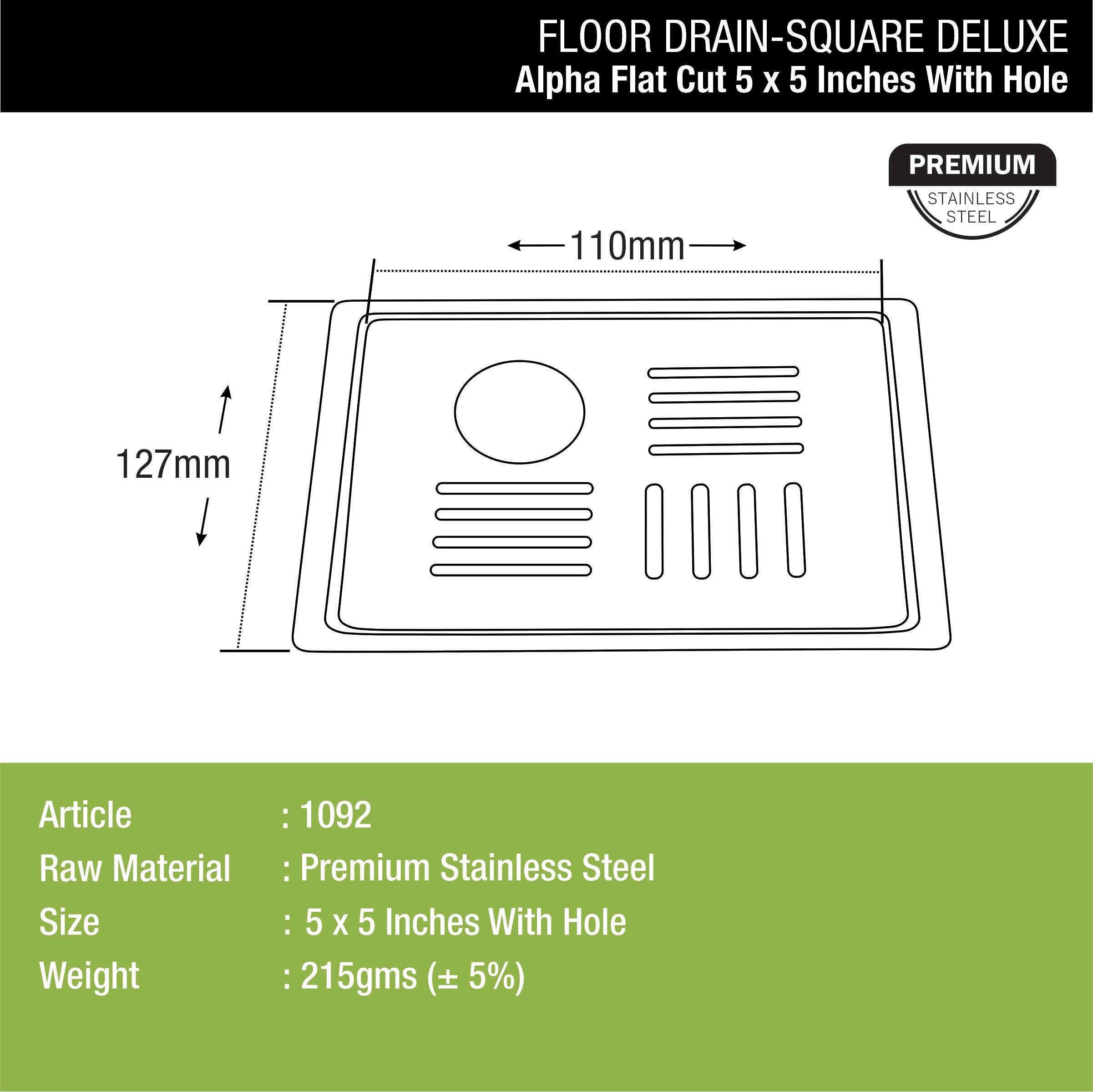 Alpha Deluxe Square Flat Cut Floor Drain (5 x 5 Inches) with Hole dimensions and sizes