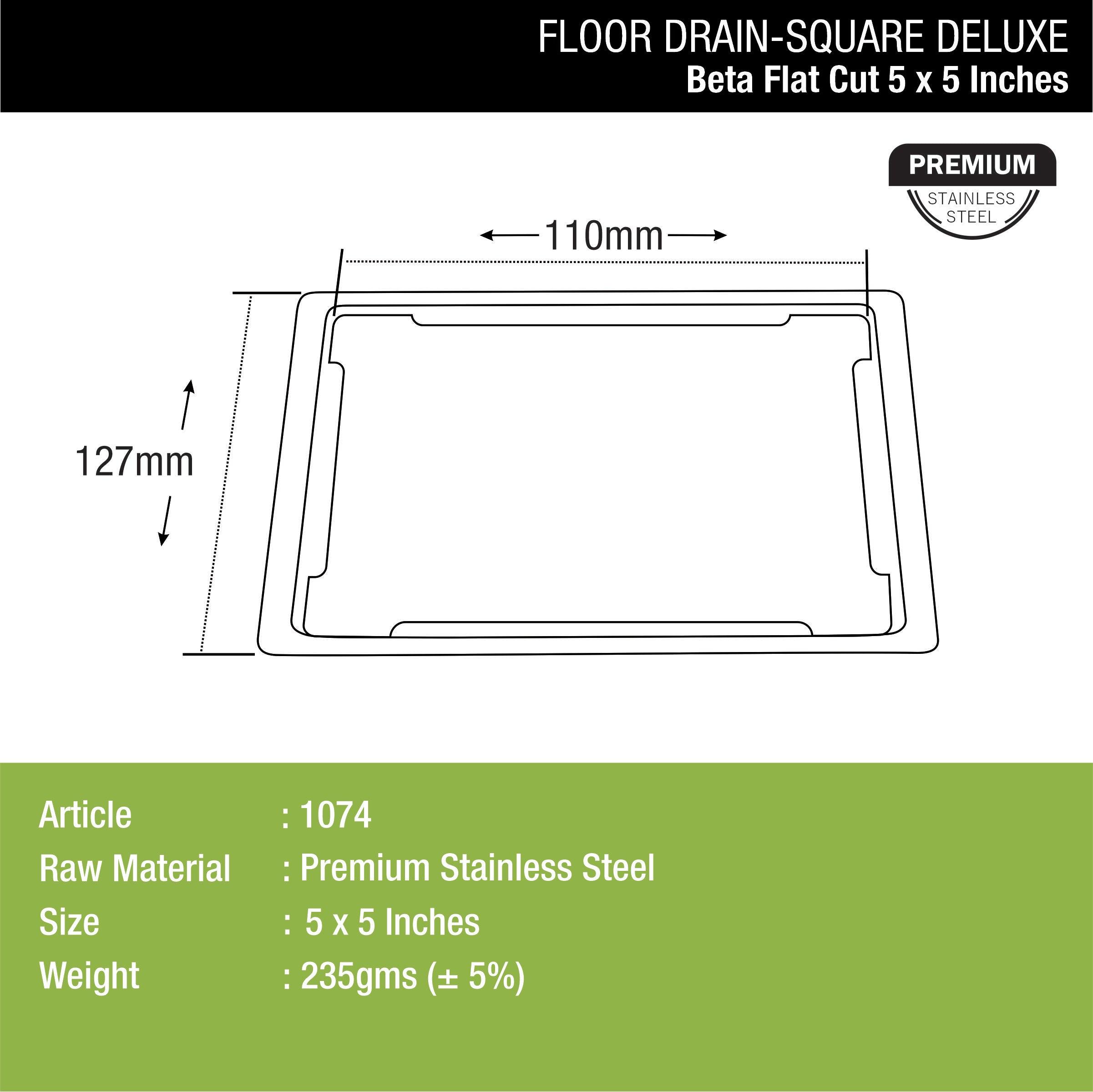 Beta Deluxe Square Flat Cut Floor Drain (5 x 5 Inches) dimensions and sizes