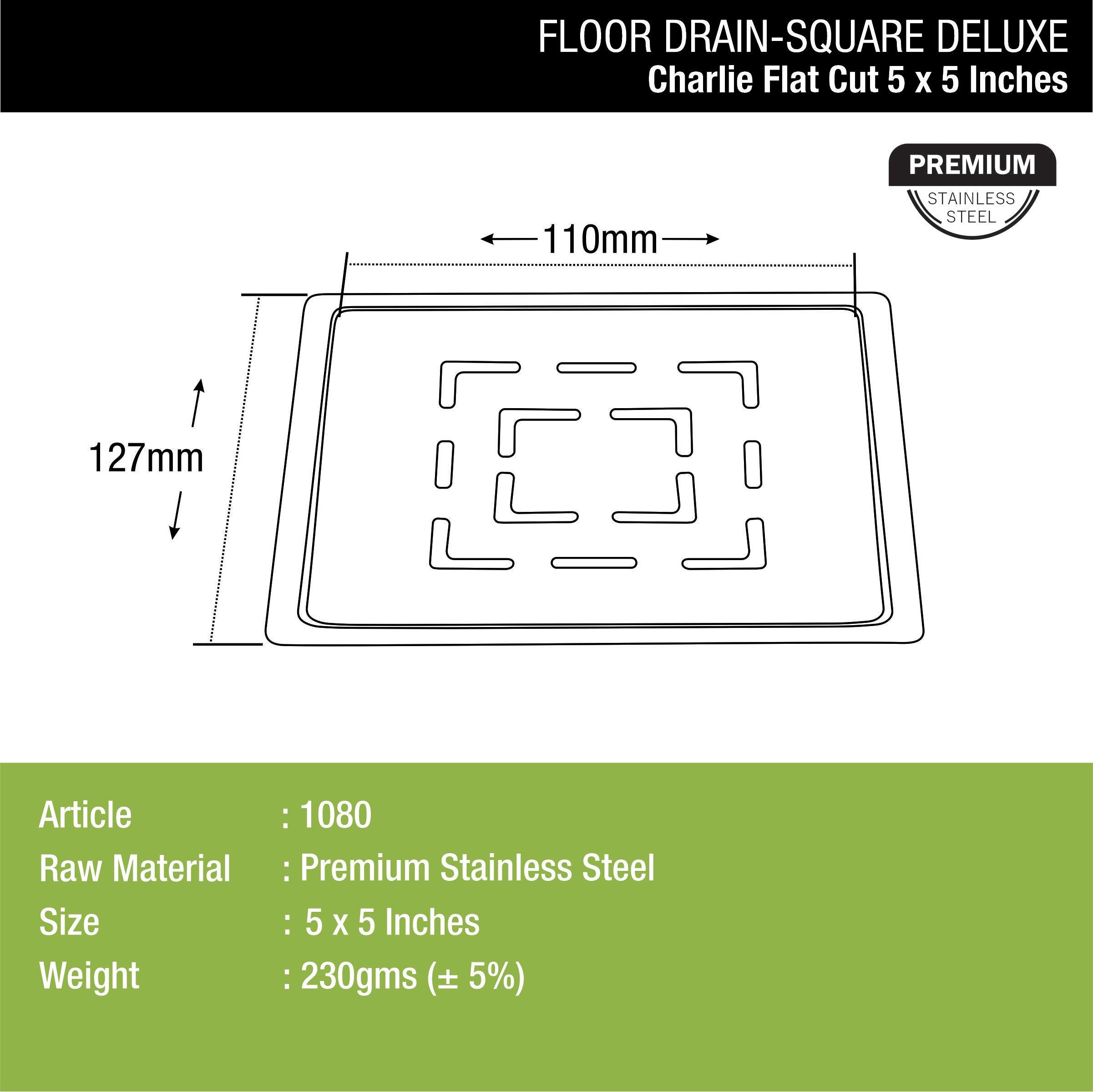 Charlie Deluxe Square Flat Cut Floor Drain (5 x 5 Inches) sizes and dimensions