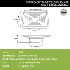 Green Exclusive Square Floor Drain (6 x 6 Inches) with Hole and Cockroach Trap - LIPKA - Lipka Home