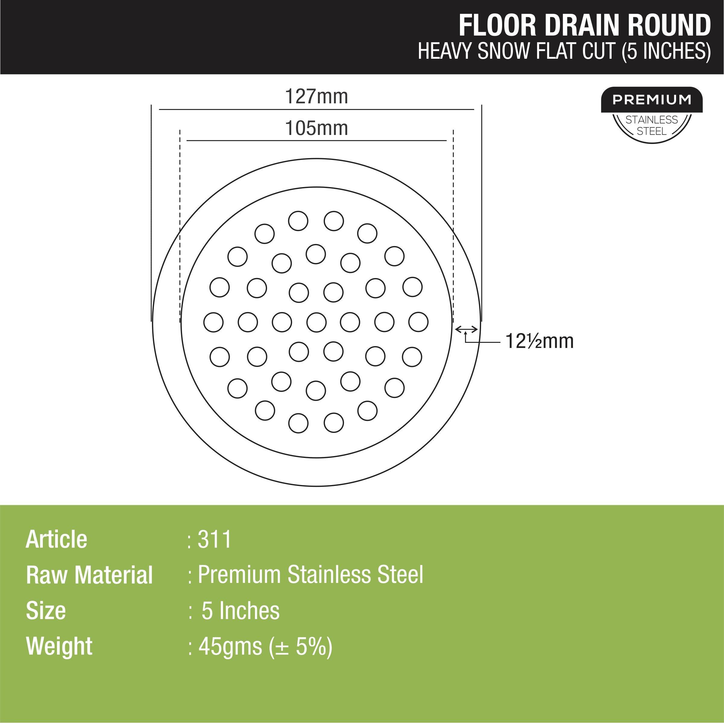 Heavy Snow Round Flat Cut Floor Drain (5 inches) dimensions and sizes