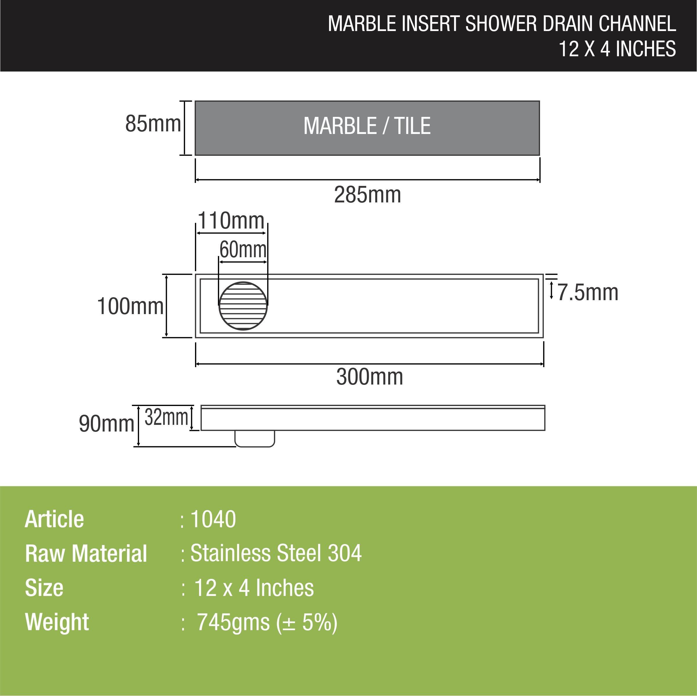 Marble Insert Shower Drain Channel (12 x 4 Inches) dimensions and sizes