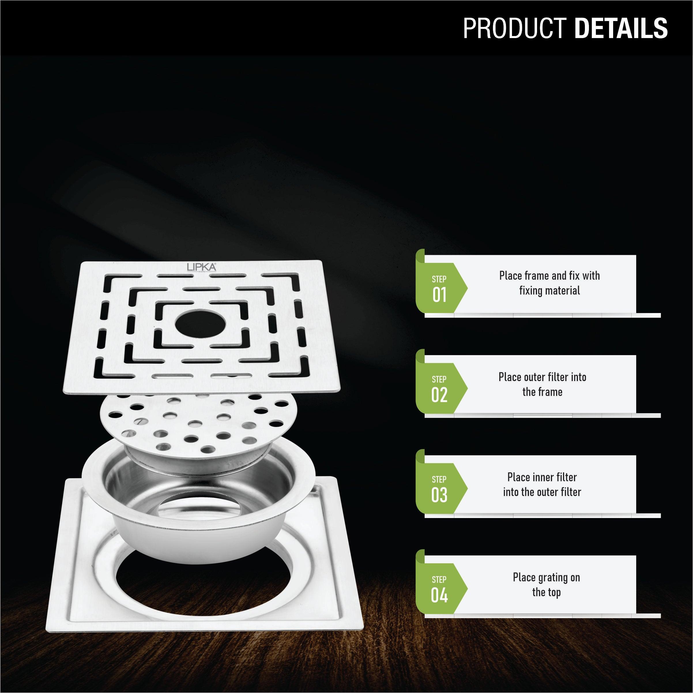 Orange Exclusive Square Flat Cut Floor Drain (5 Inches) with Cockroach Trap And Hole product details