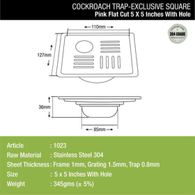 Pink Exclusive Square Flat Cut Floor Drain (5 x 5 Inches) with Hole and Cockroach Trap - LIPKA - Lipka Home