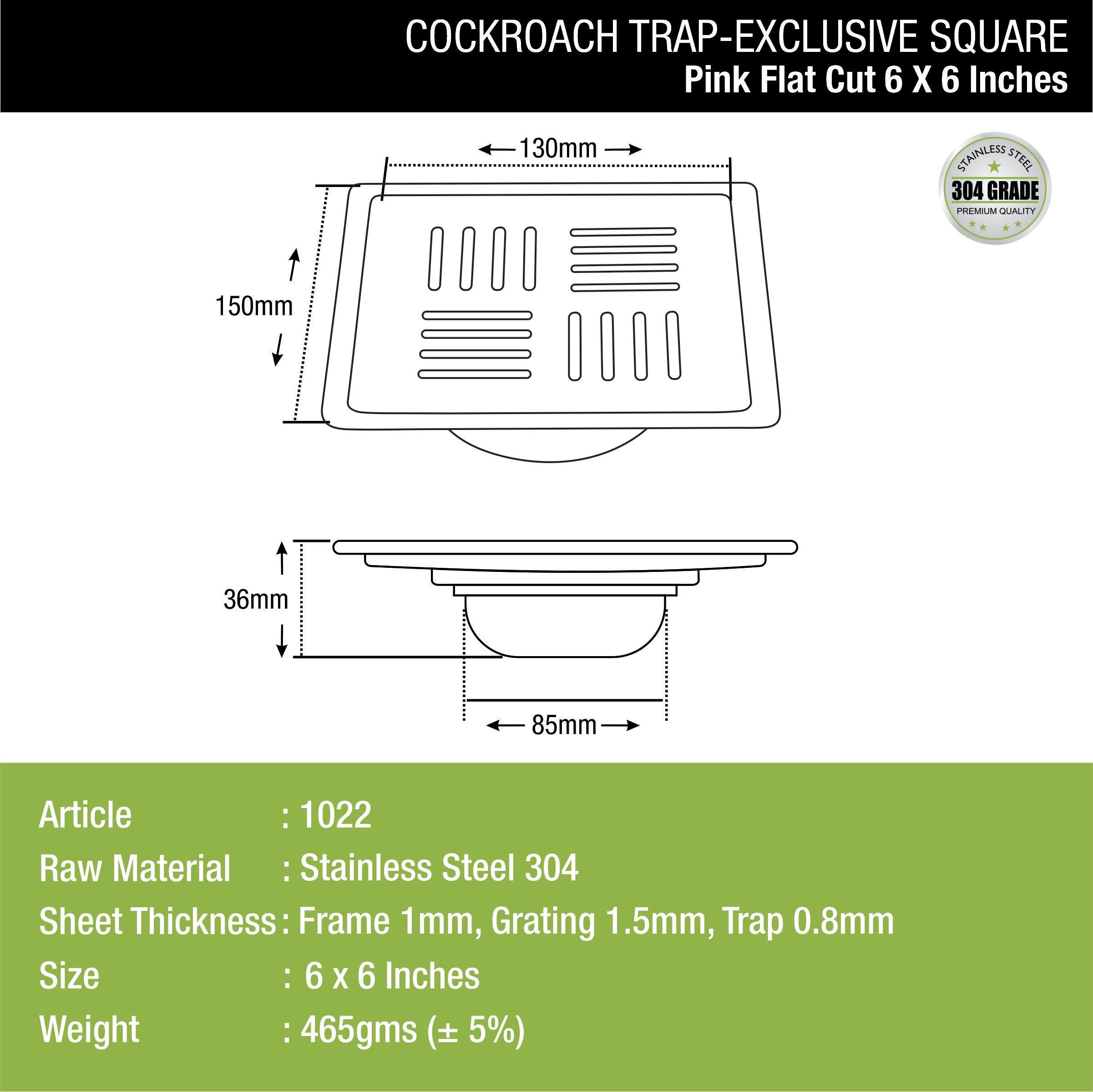 Pink Exclusive Square Flat Cut Floor Drain (6 x 6 Inches) with Cockroach Trap dimensions and sizes