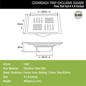 Pink Exclusive Square Flat Cut Floor Drain (6 x 6 Inches) with Cockroach Trap - LIPKA - Lipka Home