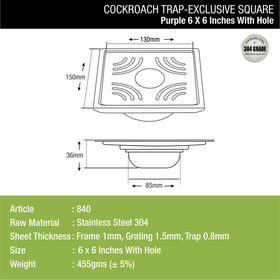 Purple Exclusive Square Floor Drain (6 x 6 Inches) with Hole & Cockroach Trap - LIPKA - Lipka Home
