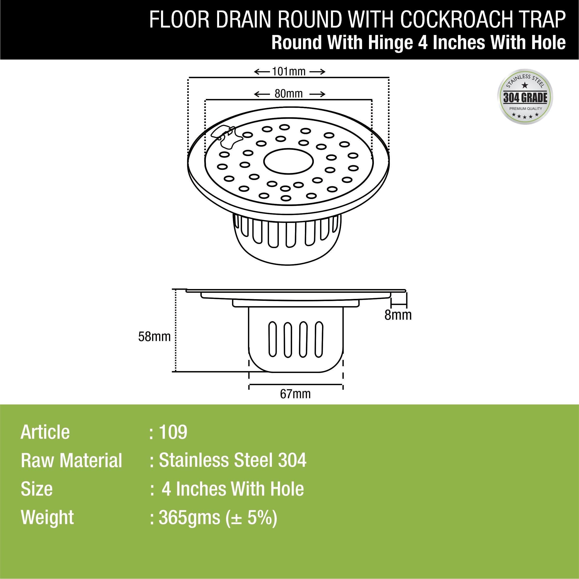 Round Floor Drain (4 inches) with Hinge, Hole & Cockroach Trap dimensions and sizes