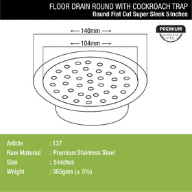 Super Sleek Round Flat Cut Floor Drain (5 Inches) with Cockroach Trap - LIPKA - Lipka Home
