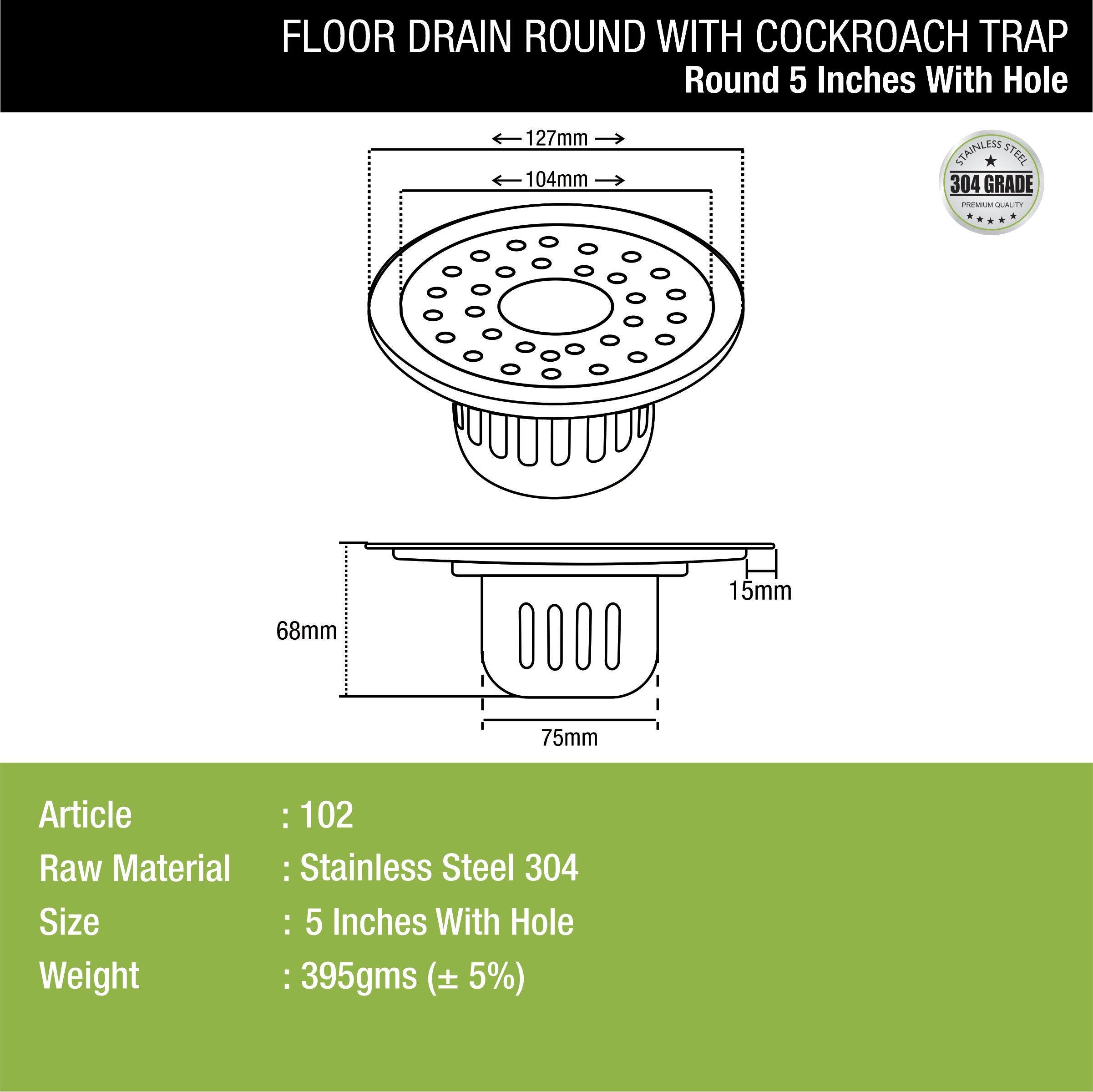 Round Floor Drain (5 inches) with Cockroach Trap & Hole dimensions and sizes