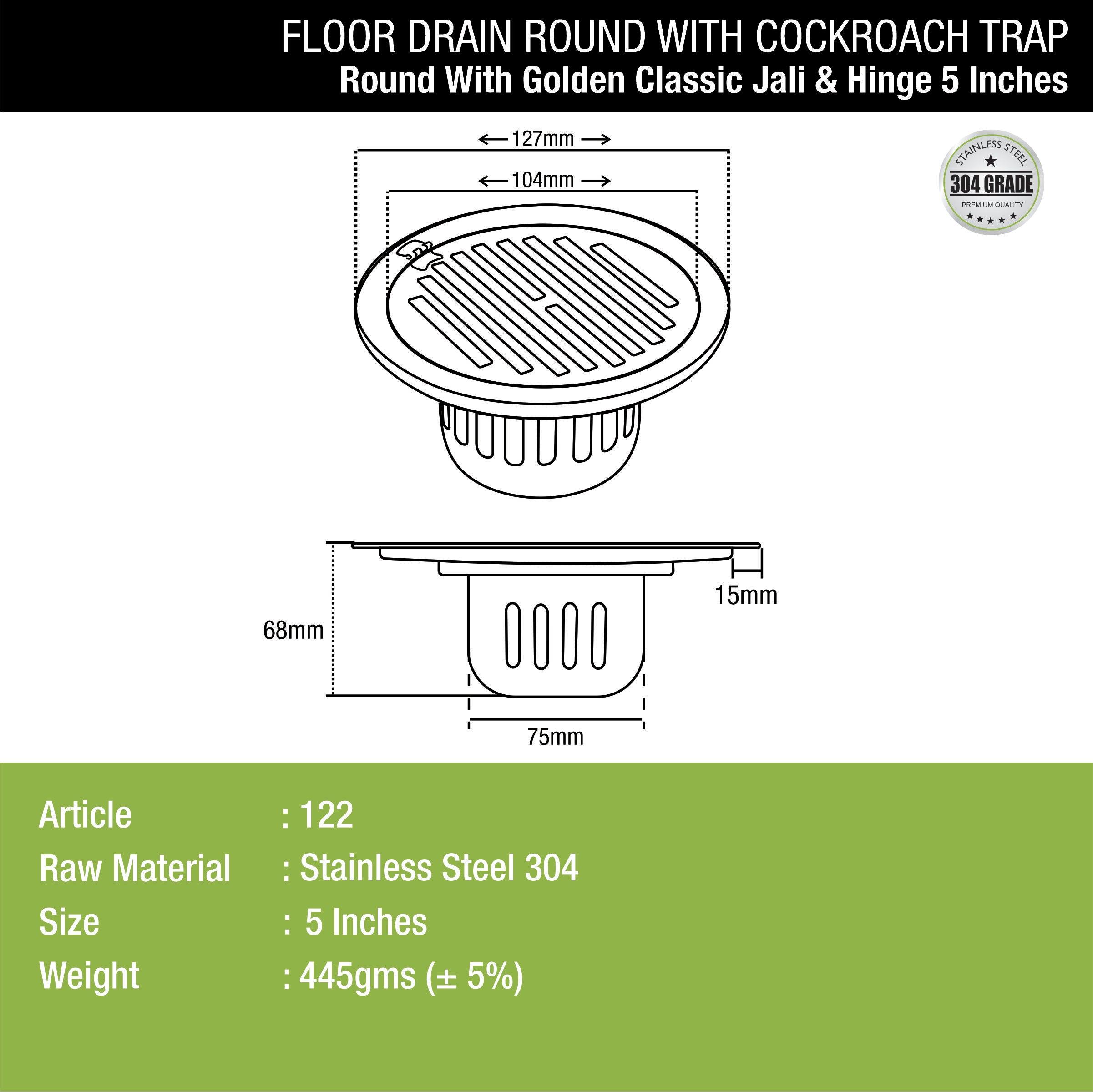 Golden Classic Jali Round Floor Drain (5 Inches) with Hinge and Cockroach Trap dimensions and sizes
