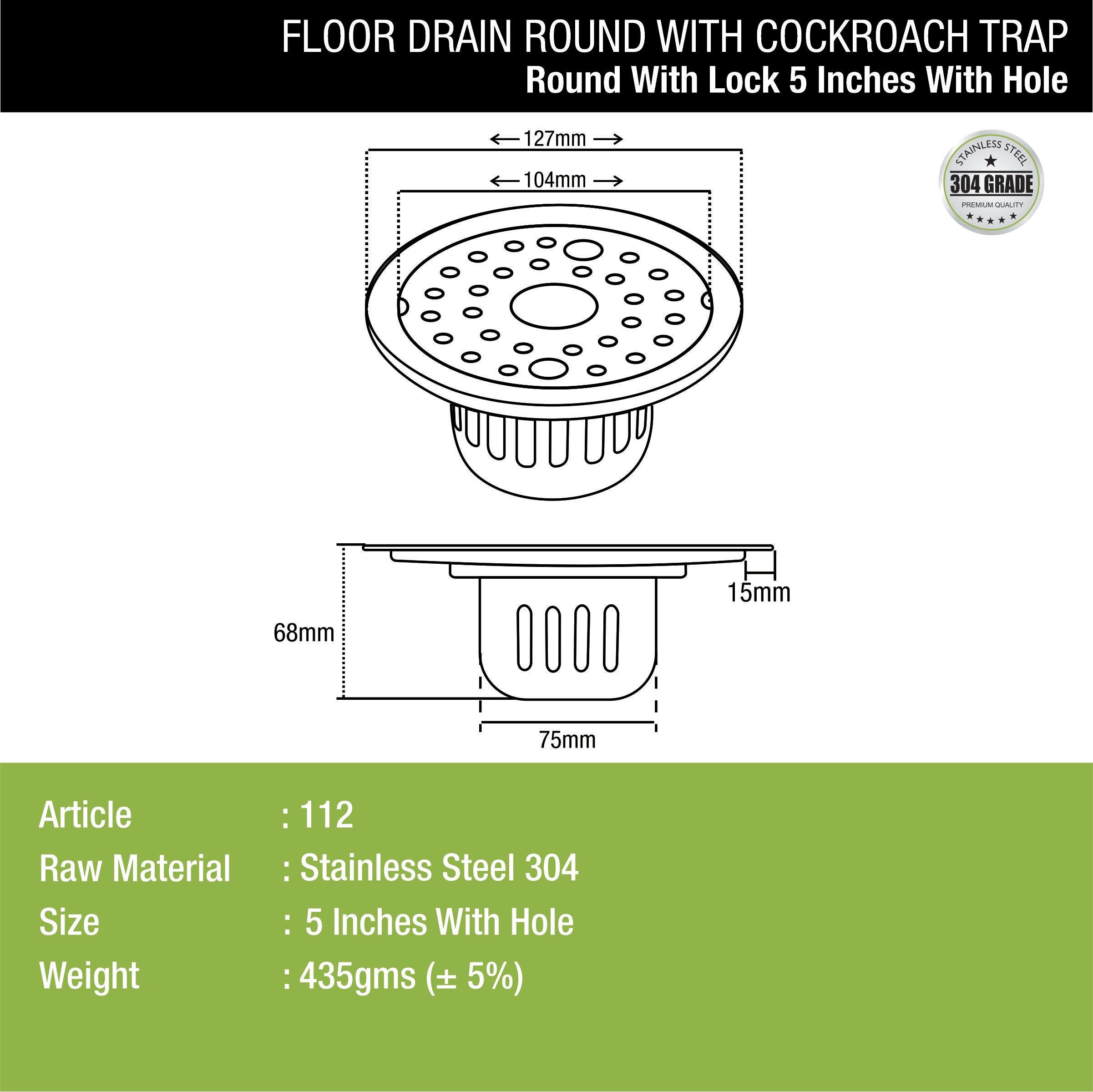 Round Floor Drain (5 inches) with Cockroach Trap, Lock & Hole dimensions and sizes