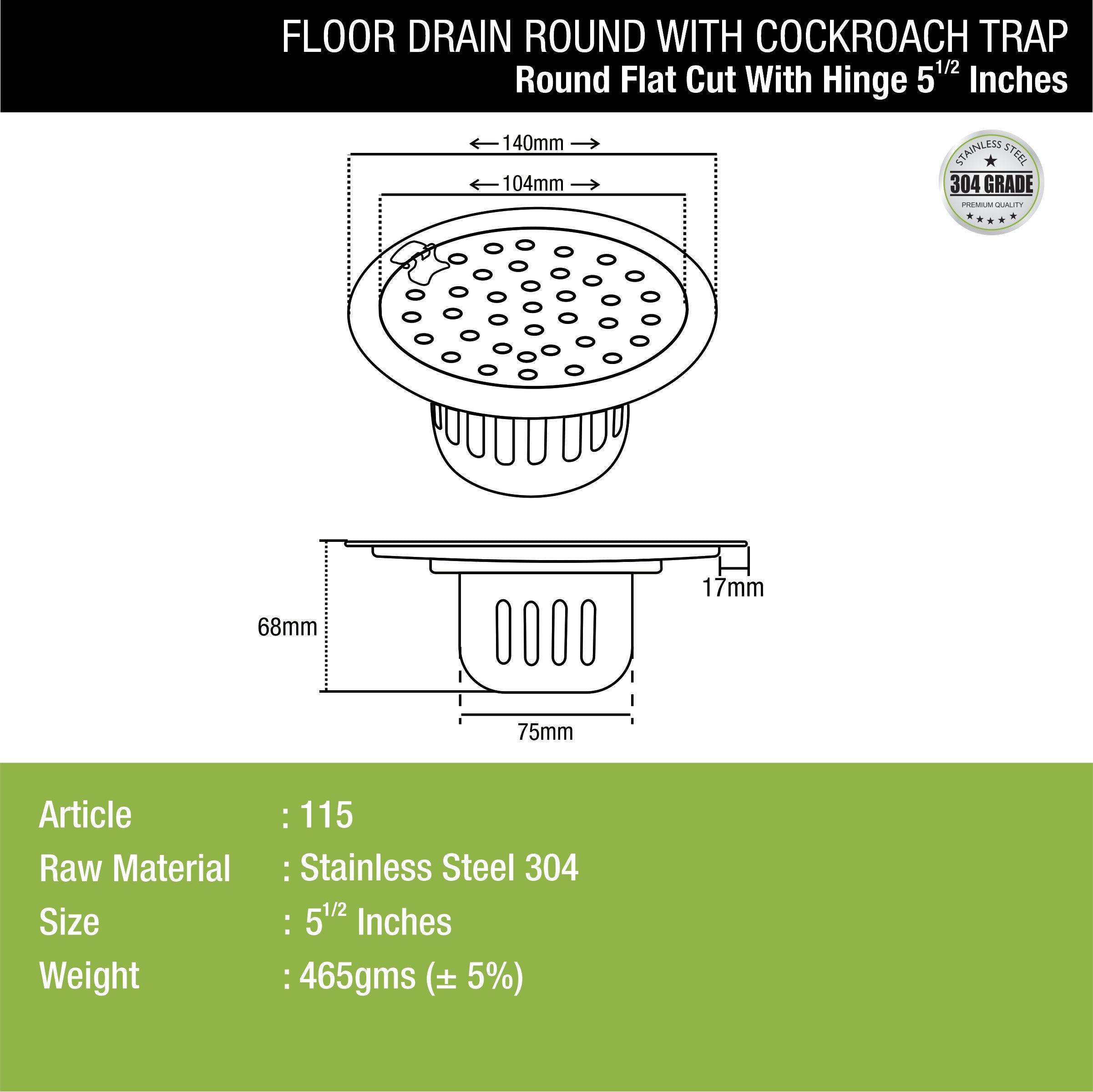 Round Flat Cut Floor Drain (5.5 inches) with Hinge & Cockroach Trap dimensions and sizes 