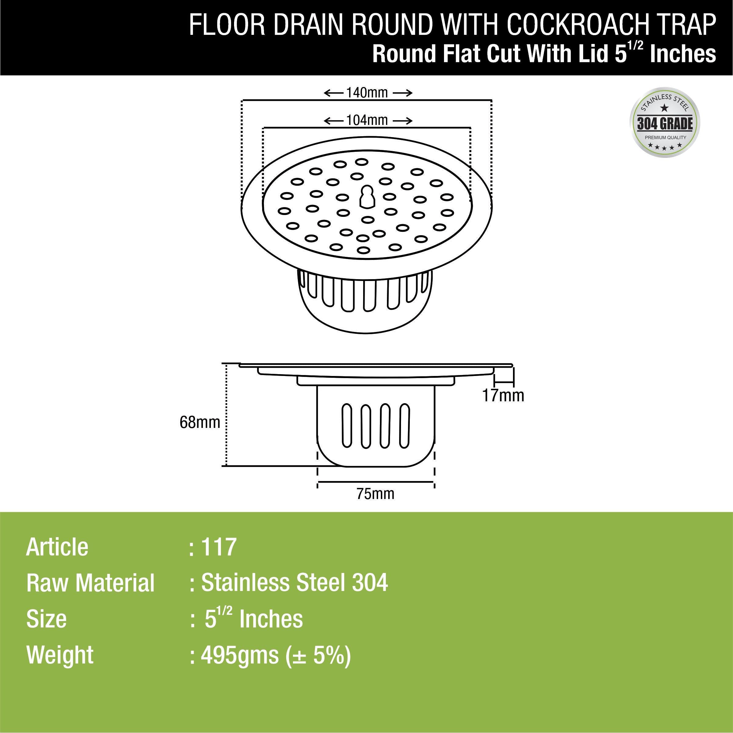Round Flat Cut Floor Drain (5.5 inches) with Cockroach Trap & Lid dimensions and sizes