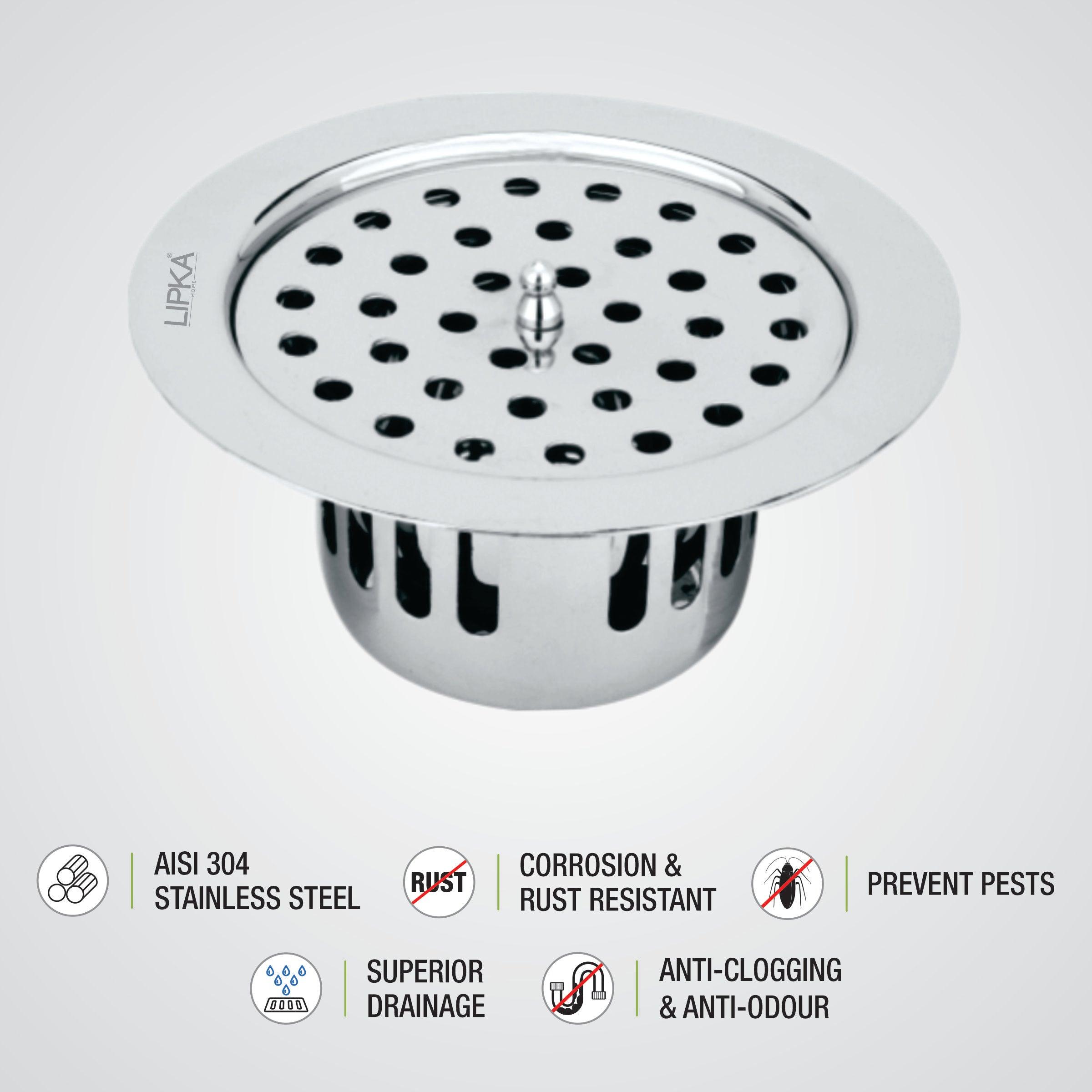 Round Flat Cut Floor Drain (5.5 inches) with Cockroach Trap & Lid features