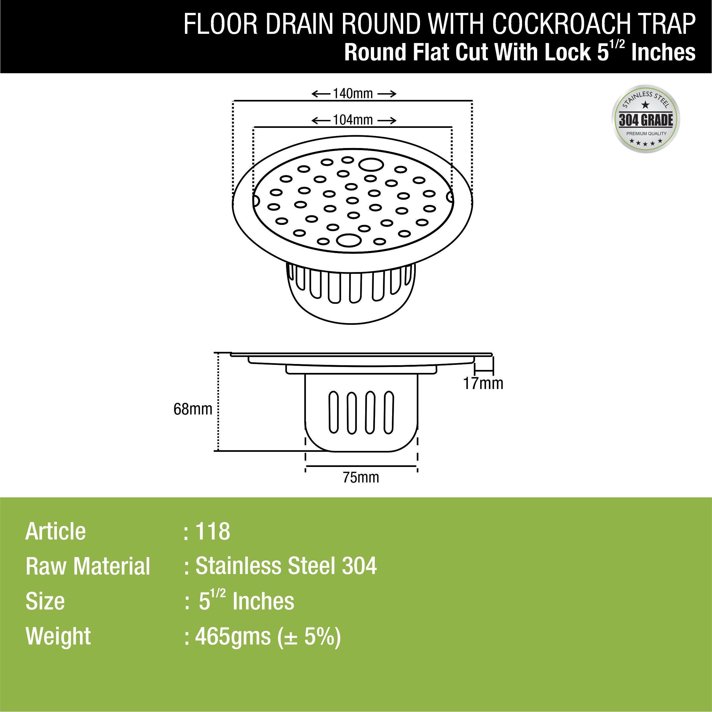 Round Flat Cut Floor Drain (5.5 inches) with Lock & Cockroach Trap dimensions and sizes