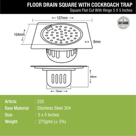 Square Flat Cut Floor Drain (5 x 5 Inches) with Hinge and Cockroach Trap - LIPKA - Lipka Home