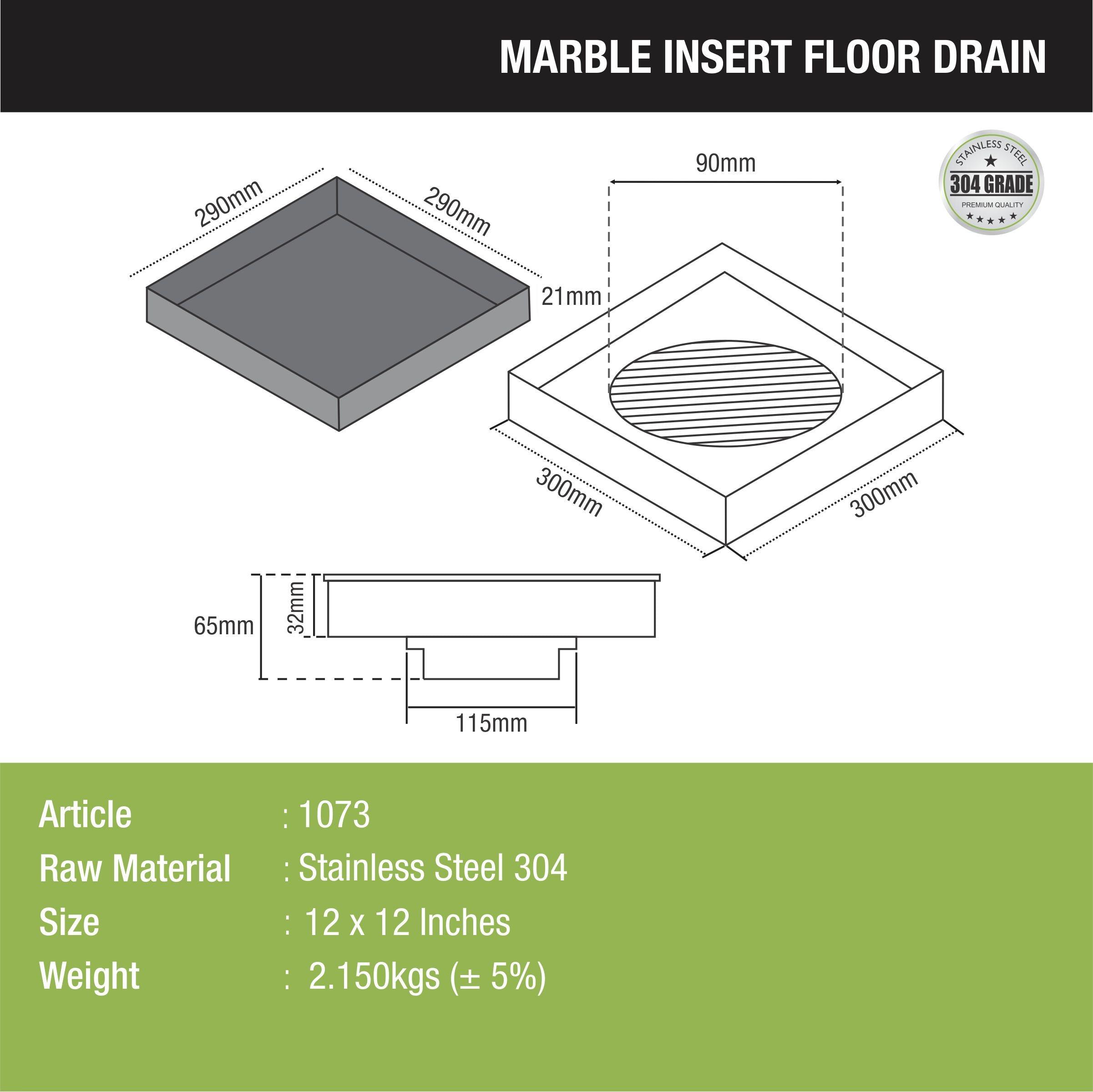 Marble Insert Floor Drain (12 x 12 Inches) dimensions and sizes