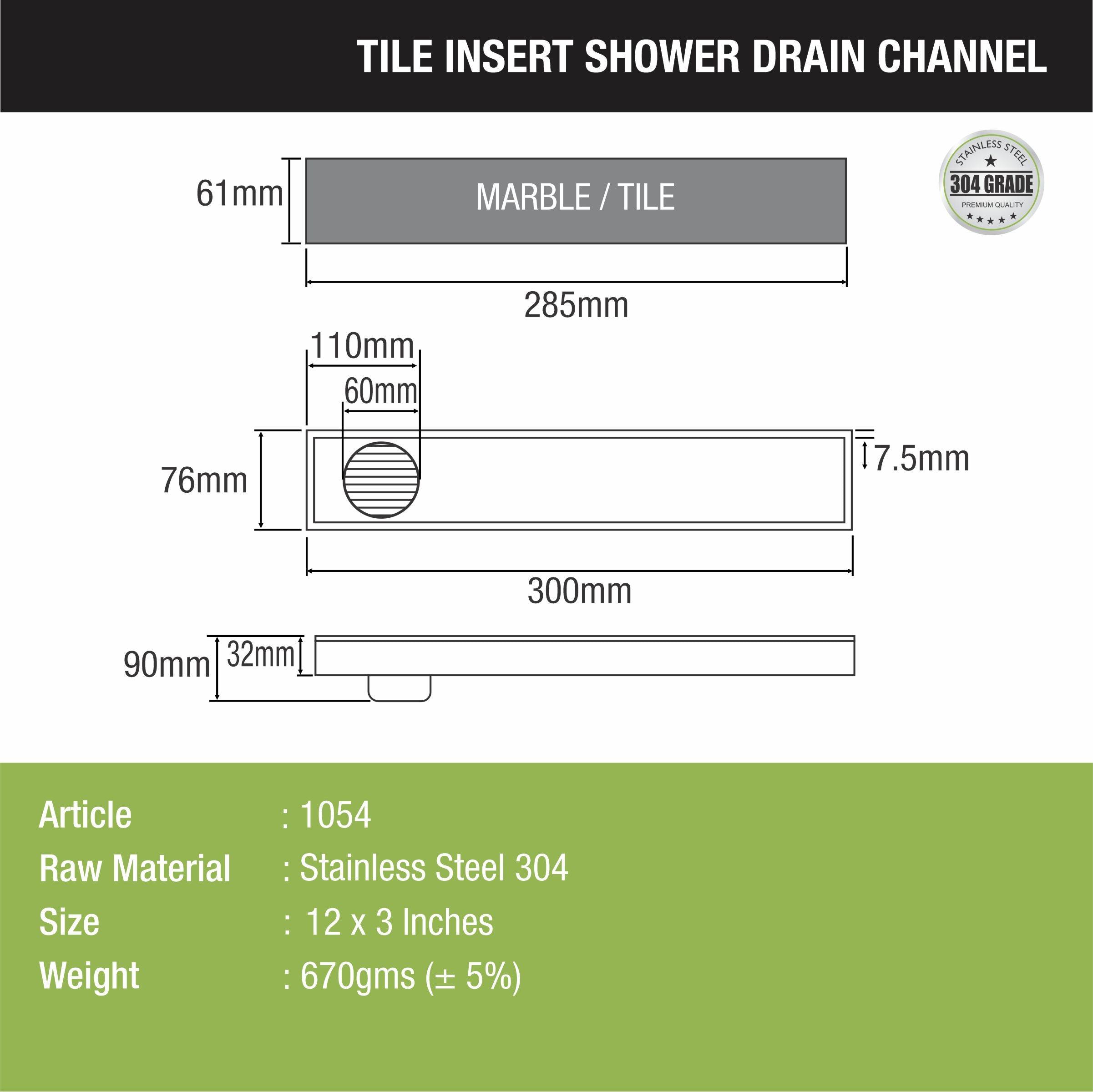 Tile Insert Shower Drain Channel (12 x 3 Inches) sizes and dimensions